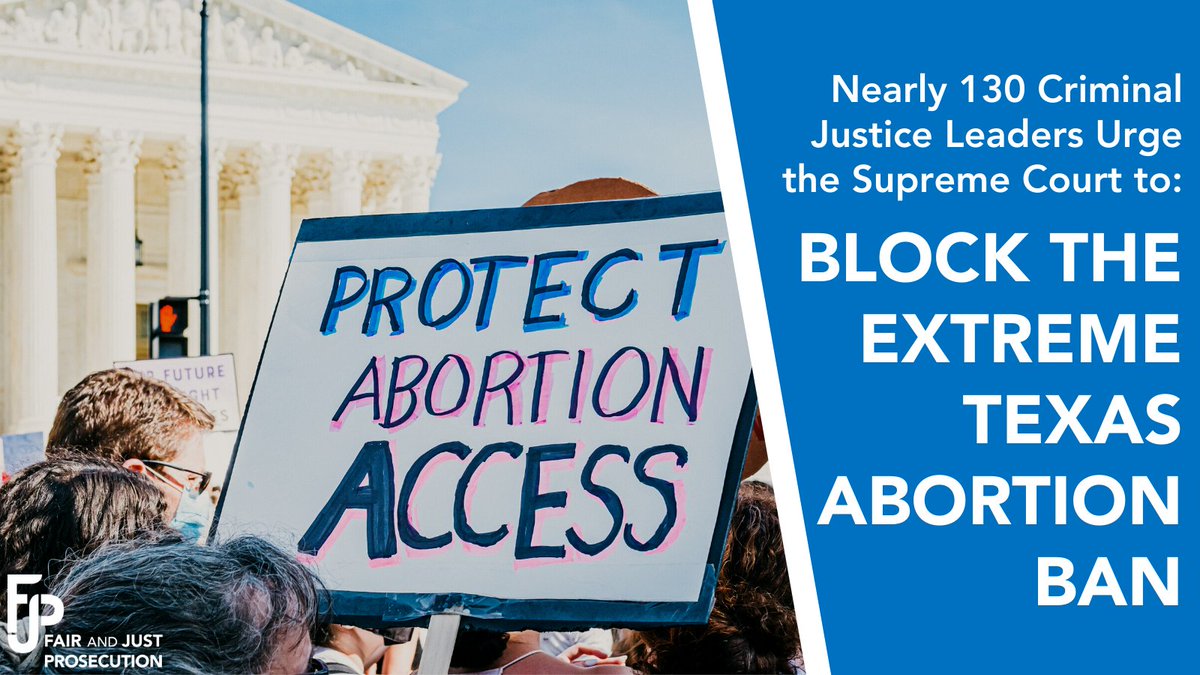Protest sign in front of Supreme Court that says Protect Abortion Access. Text says Nearly 130 Criminal Justice Leaders Urge the Supreme Court to: Block the Extreme Texas Abortion Ban.