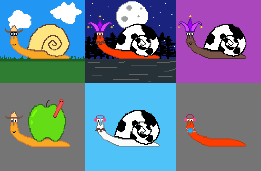 NftSnazzySnails's tweet photo. Say hello to my first collection of pixel art NFT's. I have been working on these for a while and have finally figured out how to sort it. I am hoping to upload my first batch of 1000 soon. Stay tuned for more updates! #NFT #NFTdrop #NFTartist https://t.co/XlHOme4lD4