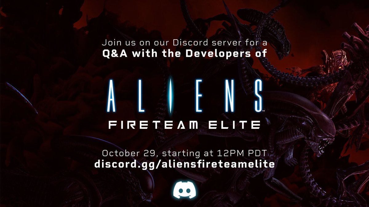 AliensFireteamE's tweet image. We just revealed our Year 1 Roadmap for Aliens Fireteam Elite! We’re excited to share more and let you know about where the game is heading, so join us for a Dev Q&amp;amp;A session this Friday, October 29th, at 12PM PDT and learn more! Save the date: discord.gg/aliensfireteam… 👥