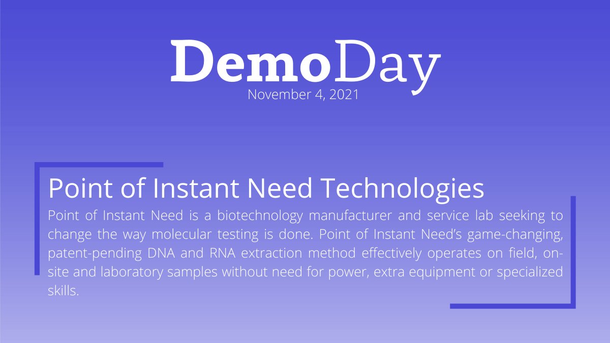 Another Demo Day startup we are excited to showcase is Point of Instant Need, a biotechnology manufacturer and service lab seeking to change the way molecular testing is done. #biotech #startups #economicdevelopment