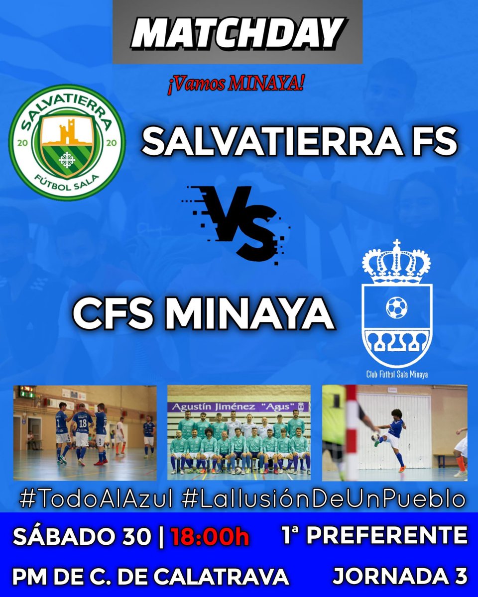 MATCHDAY | 🙌🏻💙

Este SÁBADO nos desplazaremos a CALZADA DE CALATRAVA (CR) para disputar la 3ª JORNADA de liga.

Nuestros GUERREROS quieren seguir sumando fuera de casa y ALARGAR la racha de imbatibilidad.

¡Vamos MINAYA!

#TodoAlAzul #LaIlusiónDeUnPueblo #Volveremos
