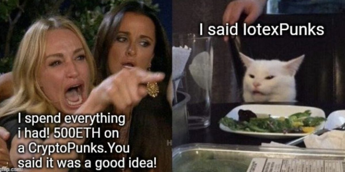iotexpunks's tweet photo. We have our Second #iotexpunks Meme Winner! @GhanmiChokri 💪💪 Made this VERY funny #iotxpunks meme w confused at dinner table Cat 😹😂😂 #iotex $iotx #iotxnft https://t.co/WLSInUa9OT