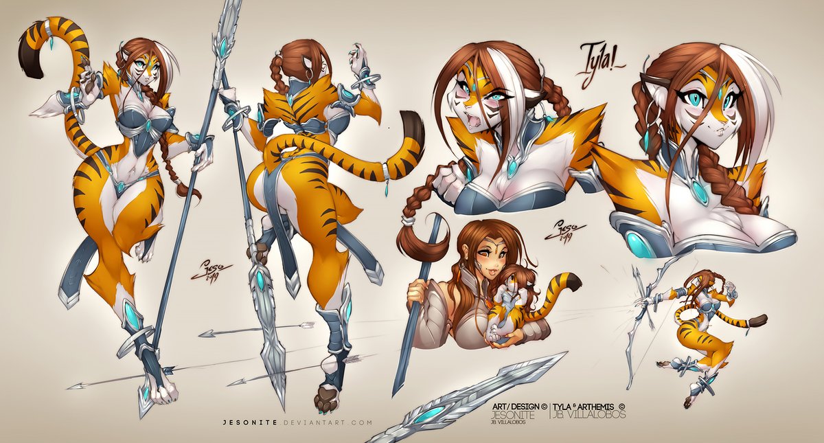 Here´s an Old and still Fav Ref Sheet of #Tyla my Amazon Tigress - Full Front, Back, Expressions, Plus Artemis her Mentor - I will be working on her New Updated Ref Sheet and much more in the coming days! #tylatigress