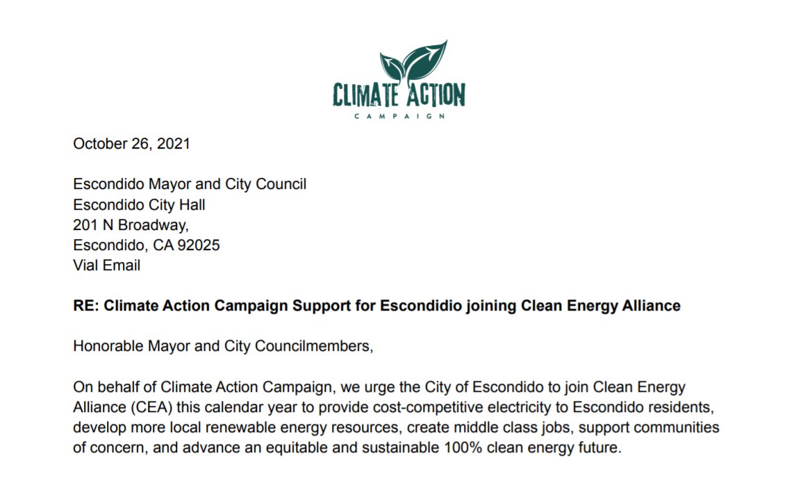 sdclimateaction's tweet photo. Tonight, @cityofescondido will be voting on whether to join @TheCleanEnergyA Community Choice Energy program.
We sent in a letter to urging Escondido to join CEA this calendar year to provide cleaner, cost-competitive electricity to families and businesses. https://t.co/Co4PVj1R1v