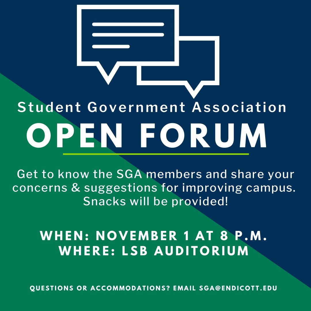 The Student Government Association will be hosting an open forum on Monday November 1st.🤩  If you have any concerns or suggestions to improve your experience here at Endicott please join us! We would love to hear from you!