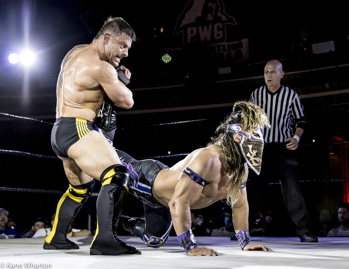 Some shots from #PWG #ThreemendousVI - @bandidowrestler vs the returning @RichardsWesley