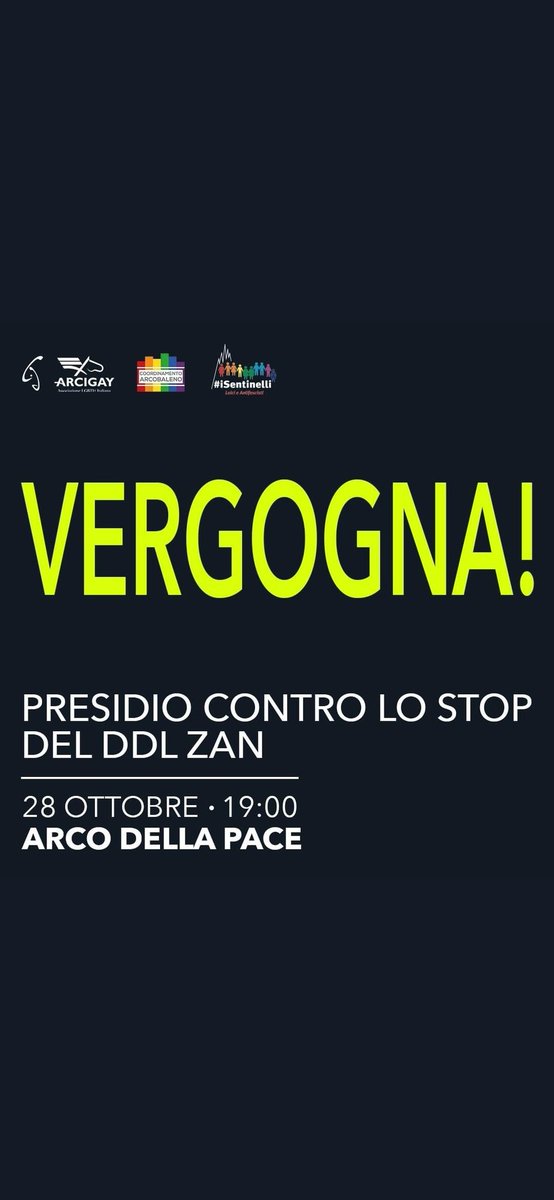 PrideSOSMilan's tweet photo. Presidio contro lo stop del #DDLZAN 
🗓 18 ottobre 2021
🕒 h. 19
📍Milano, Arco della Pace https://t.co/4EGmknd8qJ