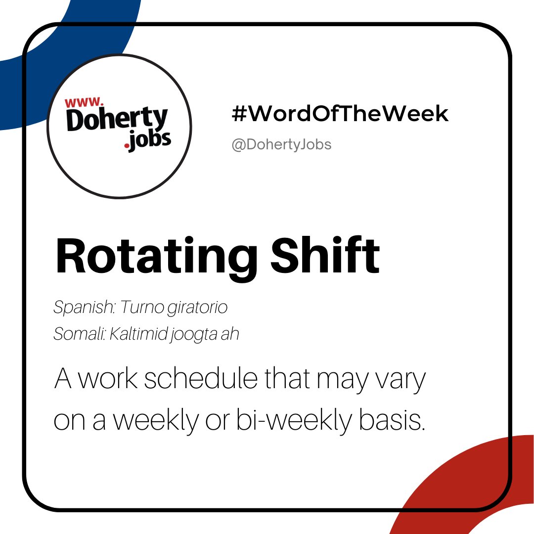 DohertyStaffing's tweet photo. This Wednesday's Word of the Week from the Doherty Dictionary is "Rotating Shift" ⏰

Want to learn more terms used throughout the #staffing industry? We've got you covered! Visit https://t.co/AhWFnzpWfU 📖

#WordOfTheWeek #WOTW #EmploymentExperts #JobSeekerTips #RotatingShift https://t.co/p2Xx0AzrSk