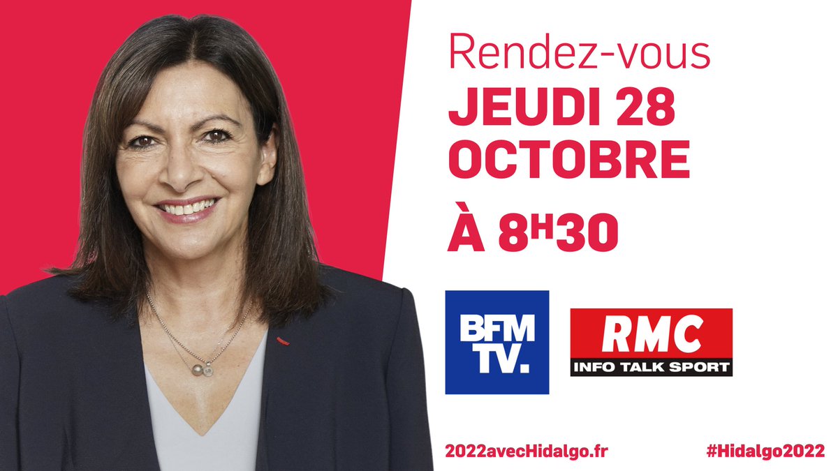 Anne_Hidalgo's tweet photo. 🎙️ Ce jeudi à 8h30, je serai l’invitée de @JJBourdin_RMC sur @BFMTV et @RMCinfo.
#Hidalgo2022 https://t.co/iyLLTxnqCj