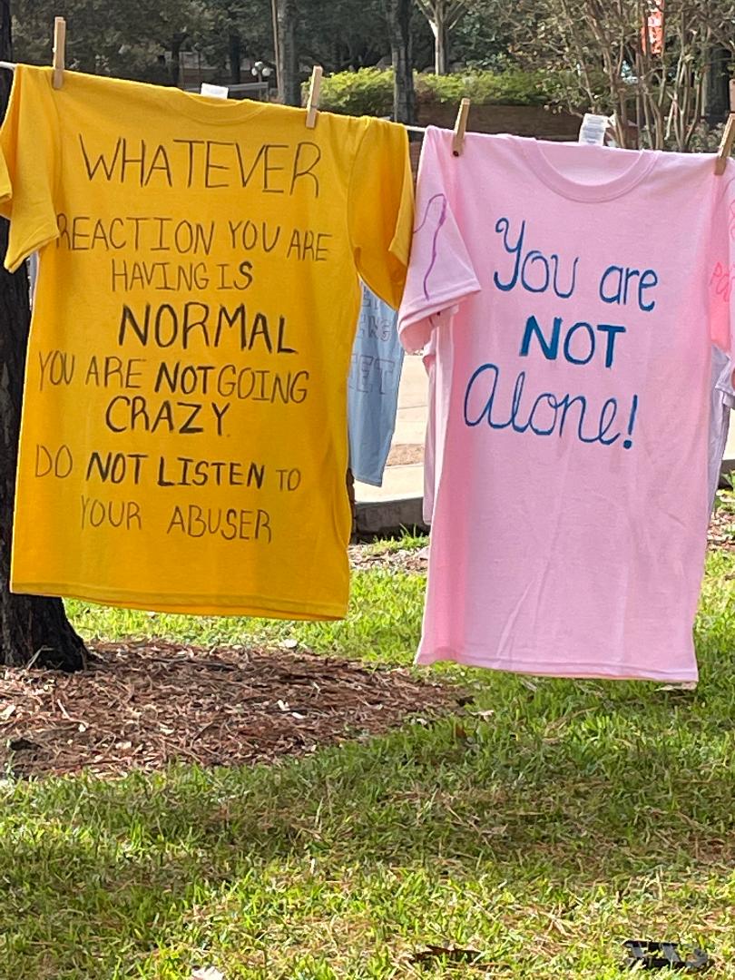 SHSUProvost's tweet photo. Thanks to @SHSUCVSA for sponsoring #theclotheslineproject during Domestic Violence Awareness Month in The Yard. Each t-shirt represents a type of domestic violence. Messages are heartbreaking & painful but also encouraging & offering hope. Thank you Bearkats for caring! #SHSU https://t.co/eVSM4zxYjx