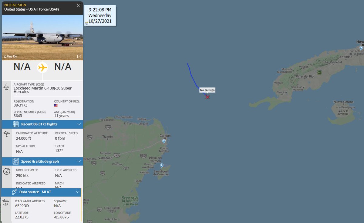 FlconEYES's tweet photo. ๐กLockheed C-130J-30 Hercules de La Fuerza Aerea de EEUU con rumbo SurEste bordeando Cuba por el Cabo San Antonio.
Reg: 08-3173 | Alt: 24000ft | Squawk: N/A | Icao: #AE29DD | #Oct27 https://t.co/XGnInoBAmd