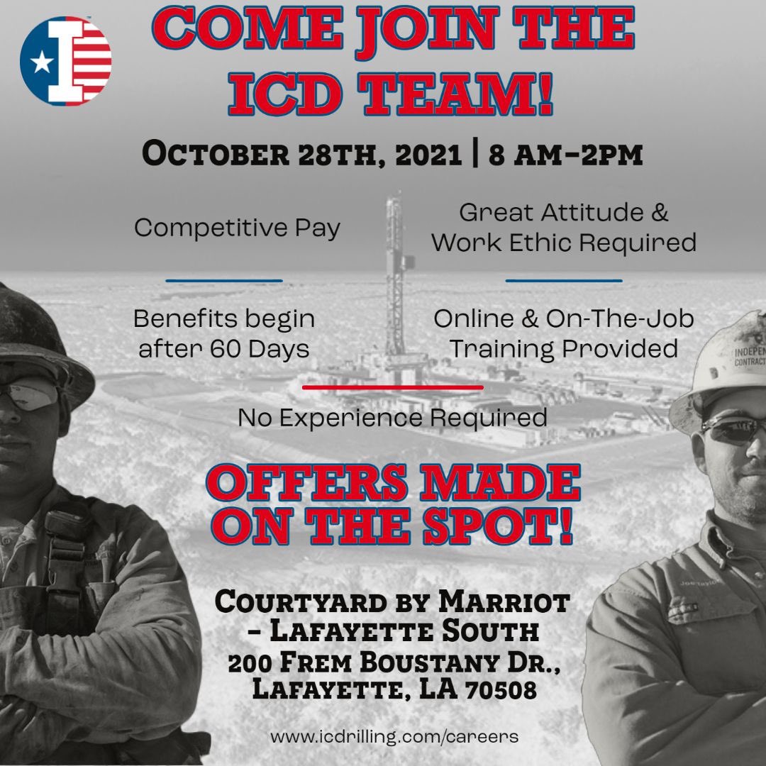 OilCountryMedia's tweet photo. 1 day to go Lafayette!!

ICD is hiring &amp; extending offers ON THE SPOT for work on rigs based out of West Texas, South Texas &amp; Louisiana. 
 DRUG SCREENS &amp; PHYSICAL IMMEDIATELY AFTER INTERVIEW.

APPLY NOW! https://t.co/aVwA6ePPIX

See you soon! #WeareICD #oilandgas @ICDrilling👈 https://t.co/qXHJq2W2eN