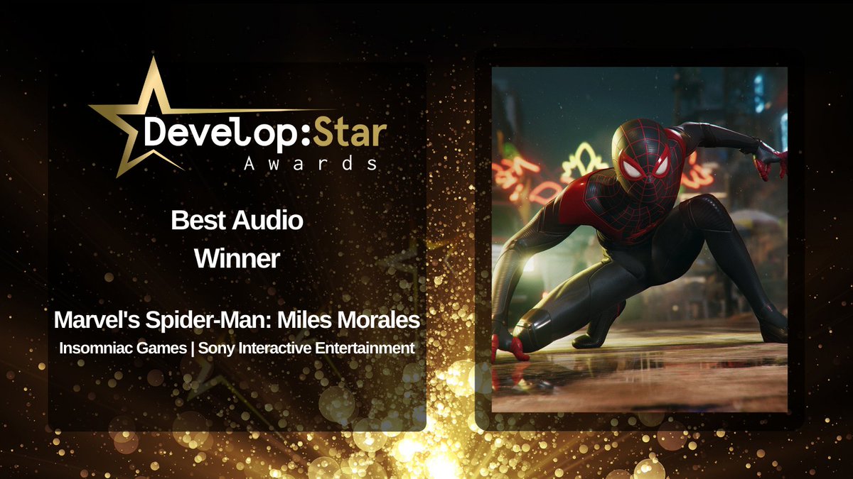 developconf's tweet photo. The Develop:Star Awards 2021 Best Audio winner is Marvel's Spider-Man: Miles Morales from @InsomniacGames and @PlayStationUK! Congratulations! #DevelopStars https://t.co/dZyesxvI0R