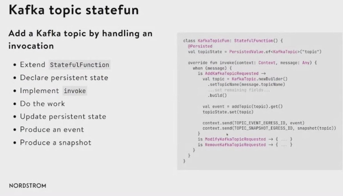 IgalShilman's tweet photo. StateFun functions in @kotlin are looking nice!
Now presenting @ickypop from @Nordstrom at #FlinkForward #StateFun https://t.co/NTM2cdhkzd