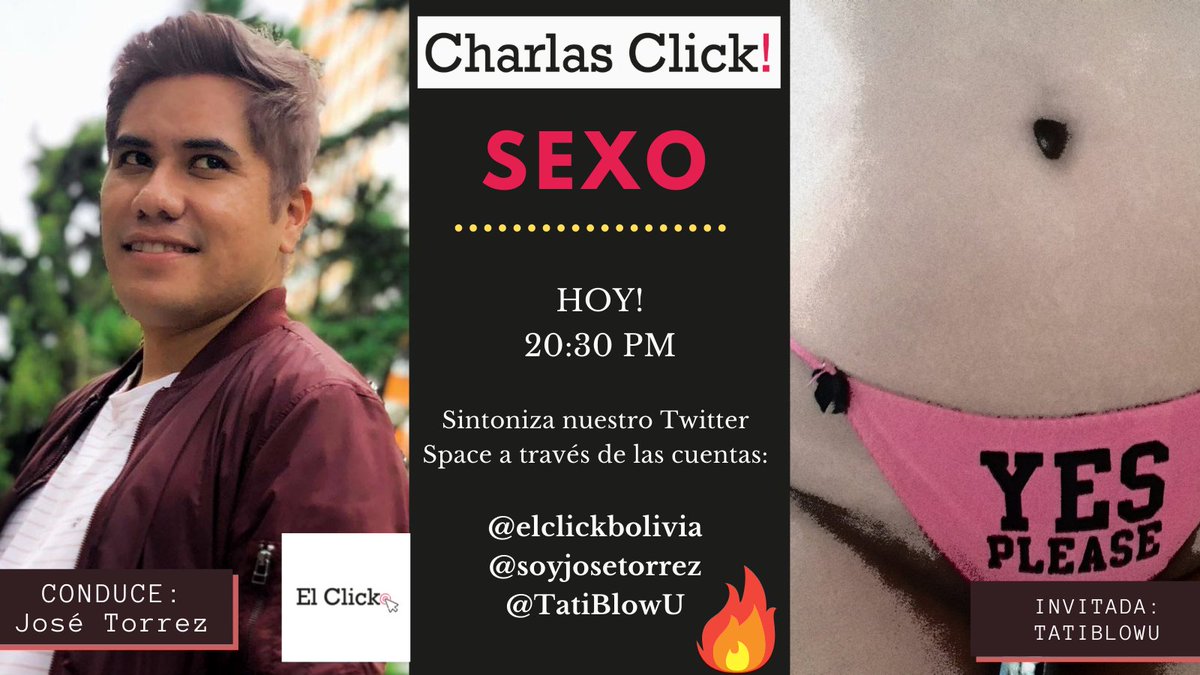 elclickbolivia's tweet photo. La Charla CLICK! de hoy promete estar 🔥🔥🔥

Hablaremos de SEXO y para eso hemos invitado a tu sextuitera favorita @TatiBlowU, junto a nuestro host de siempre @SoyJoseTorrez estarán comentando temas muy interesantes y con muchos consejos.

Sintoniza a las 20:30 y Dale un RT hot! https://t.co/NuoS13Fk09