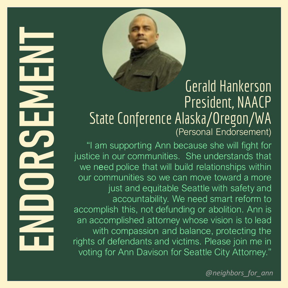 NeighborsForAnn's tweet photo. Thank you, Gerald. Your view and insight is vitally important as we move forward to a place of societal and relational healing. 

#istandwithAnn #community #together #reformandsafety #vote
#seattlecityattorney #Seattle  #leadernotatweeter https://t.co/hdvY4rEo1n