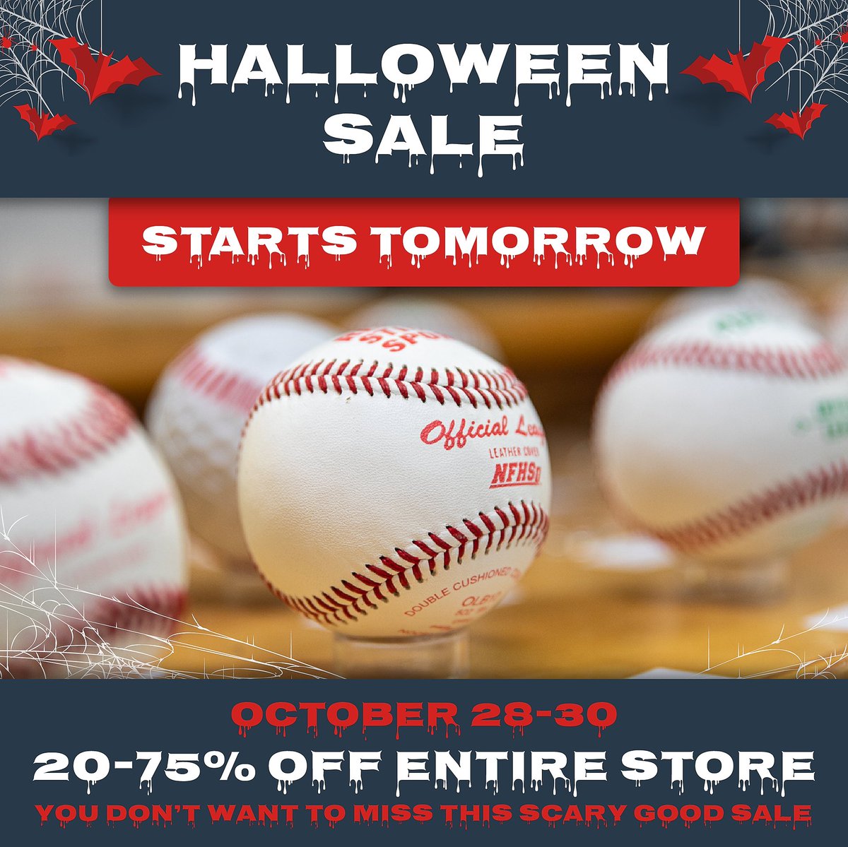 Our storewide Halloween sale starts tomorrow! 👻 Thursday through Saturday, our entire store will be 20-75% off. Stop by for discounts on baseballs, Nike and adidas workout tees and shorts, LSU merch, shoes and more! Don't miss out out on our scary good deals!