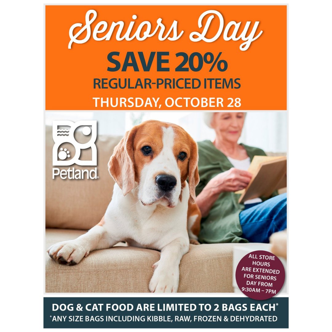 Confed_Mall's tweet photo. It's that time again... 
🐕🐇🐈
Seniors save 20% on all regular priced items at Petland Canada!
This Thursday, October 28th!
#myconfed #petland #petlandcanada #furbaby #seniorsday #yxe #yxedeals #saskatoon #shoplocal #mansbestfriend https://t.co/22QCRL8UBo