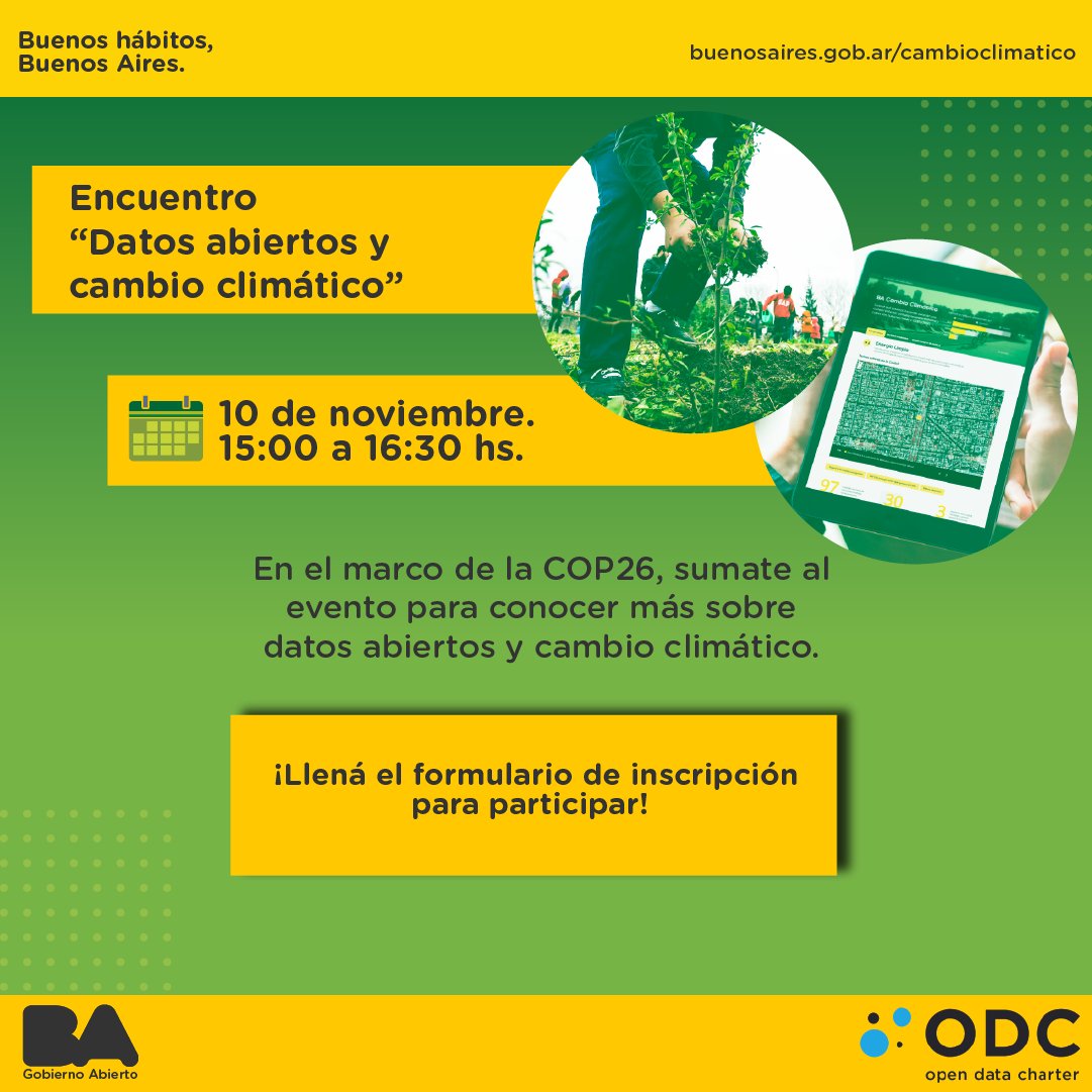 BA Gobierno Abierto y Acceso a la Información (@bagobabierto) on Twitter photo El próximo 10 de noviembre, sumate a un encuentro para conocer más sobre datos abiertos y cómo los usamos para la #acciónclimática. 🌎💧
¡Inscribite acá!: forms.gle/qEzY4wV9aGLRep…
<a href="/opendatacharter/">Open Data Charter</a> #COP26 El próximo 10 de noviembre, sumate a un encuentro para conocer más sobre datos abiertos y cómo los usamos para la #acciónclimática. 🌎💧
¡Inscribite acá!: forms.gle/qEzY4wV9aGLRep…
<a href="/opendatacharter/">Open Data Charter</a> #COP26