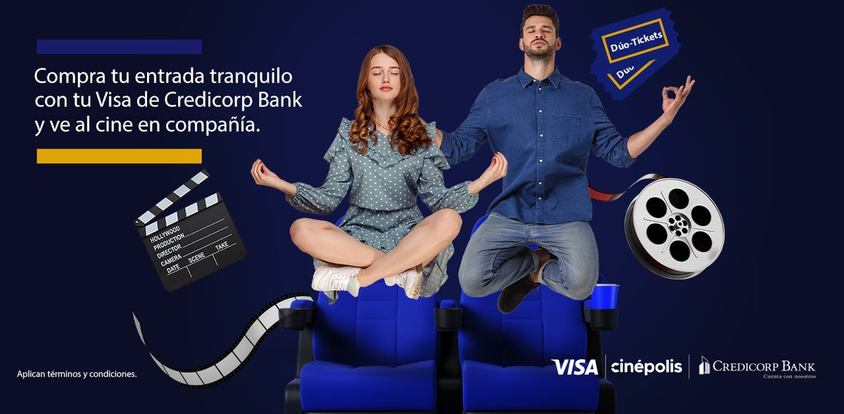 ¡Disfruta del cine en compañía! Paga tu entrada con tu tarjeta Visa de Credicorp Bank y recibe una entrada adicional para un acompañante. Válido de lunes a viernes en cualquier horario, al comprar en cineplis.com.pa o en taquilla.

Ver T&amp;C: visa.com.pa/es_PA/promocio…
