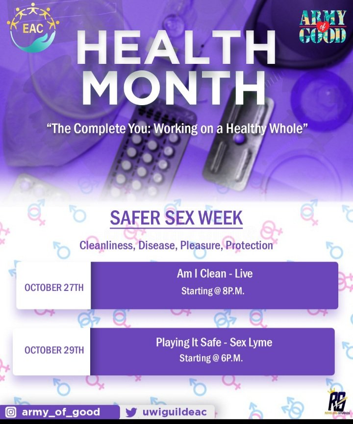 For the Final week of the EAC #healthmonth series , we will be discussing safe sex ! 
We invite you to join us live  tonight @ 8pm where we will be discussing testing in our 'Am I clean segment'
Then join us on Friday for the'Playing it safe lyme'
You don't want to miss it!#uwiea