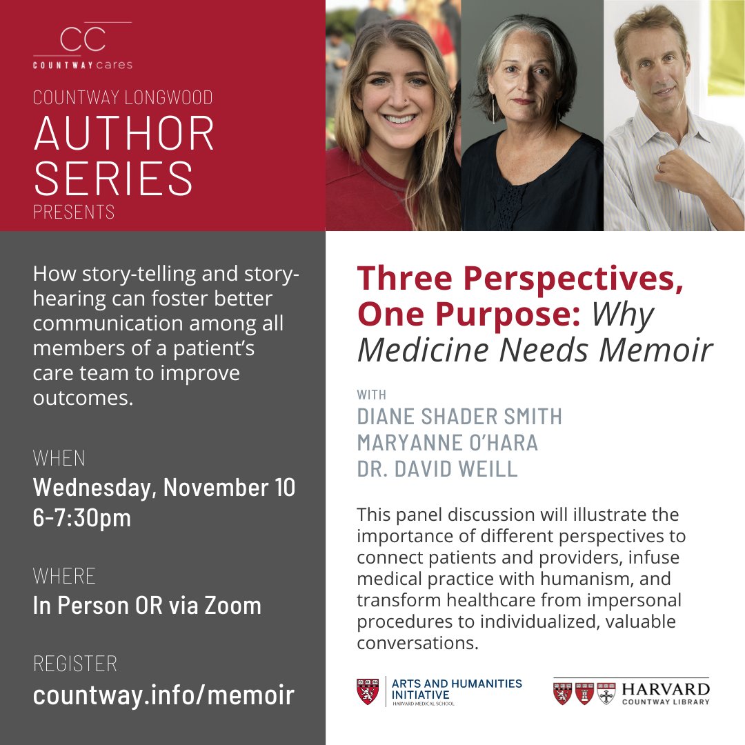 HMSCountway's tweet photo. Join us on 11/10 to explore how story-telling &amp; story-hearing can foster better communication among members of a patient’s care team: https://t.co/CNGYJ7UfLi @MaryanneOHara #DianeShaderSmith @DavidWeillMD #authorseries @ArtsAtHMS @HarvardMed @HarvardChanSPH @HMSpostdoc @Harvard https://t.co/DNsY9Gpc64