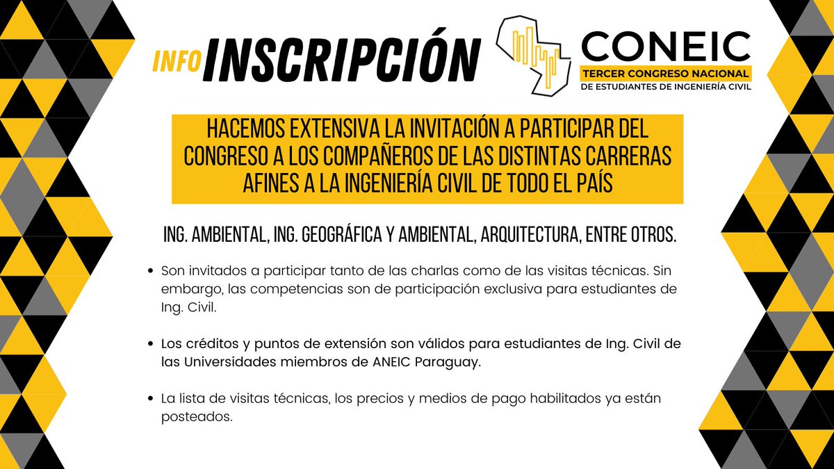 ¡INVITAMOS A PARTICIPAR DEL CONEIC 2021 A LOS COMPAÑEROS DE CARRERAS AFINES, COMO: ING. AMBIENTAL, ARQUITECTURA, ING. GEOGRÁFICA Y AMBIENTAL, ENTRE OTRAS!
Link de inscripción: bit.ly/CONEIC2021