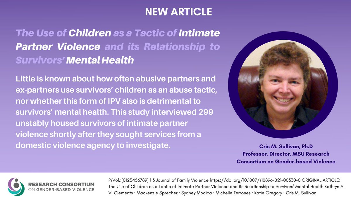 How #AbusivePartners and Ex-Partners use survivors' children as an #abusetactic - The #MSU #RCGV has published a new article in the Journal of Family Violence @JOFVTweets .  rdcu.be/czn5D
Research + Action = Change to #enddv #dvam #DVAM2021 #ipv #newresearch