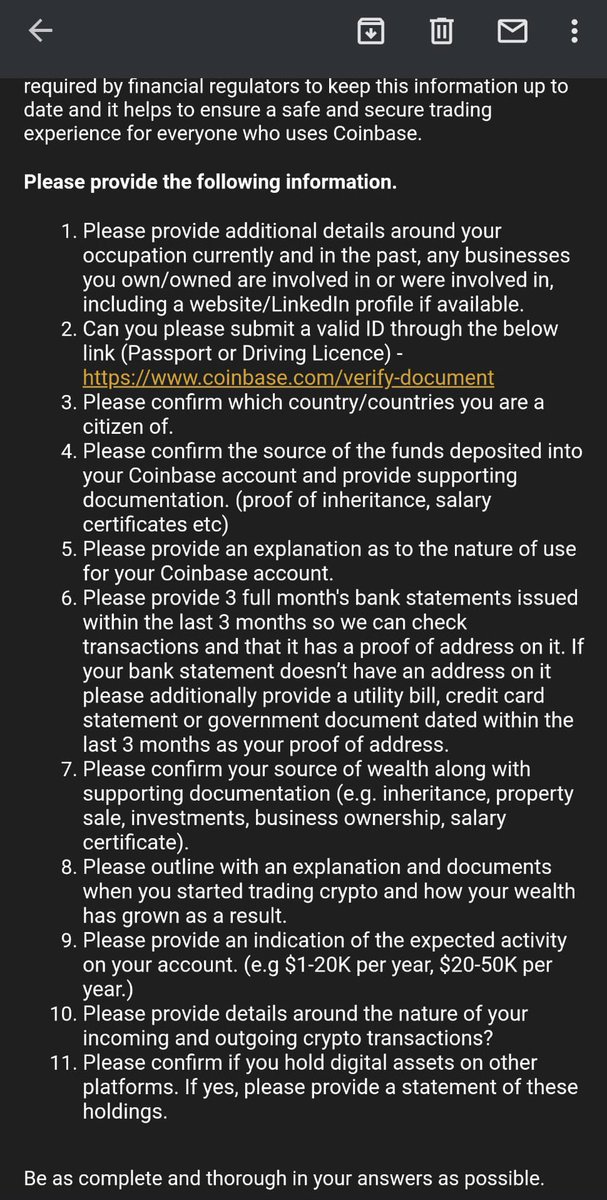 Coinbase’s updated KYC more thorough than the FBI and IRS combined 
🤡 3 months bank statements
🤡 explain when you started crypto &amp; how your wealth has grown as a result