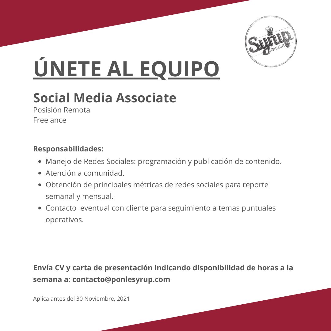 PonleSyrup's tweet photo. Tenemos lugar en nuestro equipo para alguien que tenga excelente manejo de comunidades. Que busque altos niveles de interacción para crecer nuestras comunidades. 
#TrabajoSiHay #Vacante #socialmedia 
👉🏻 contacto@ponlesyrup.com https://t.co/FS15UmUxxb