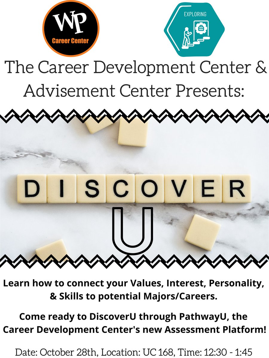 PioneerAlex92's tweet photo. Hey Pioneers have you RSVP'd for tomorrows Discover-U workshop? Don't miss out on your chance to learn how to connect your V.I.P.S to majors &amp; careers! @WPCAHSS @AdvisementWP @WP_ccj_soc @WPCCJ @WPCommDept https://t.co/6FroWiQ64C