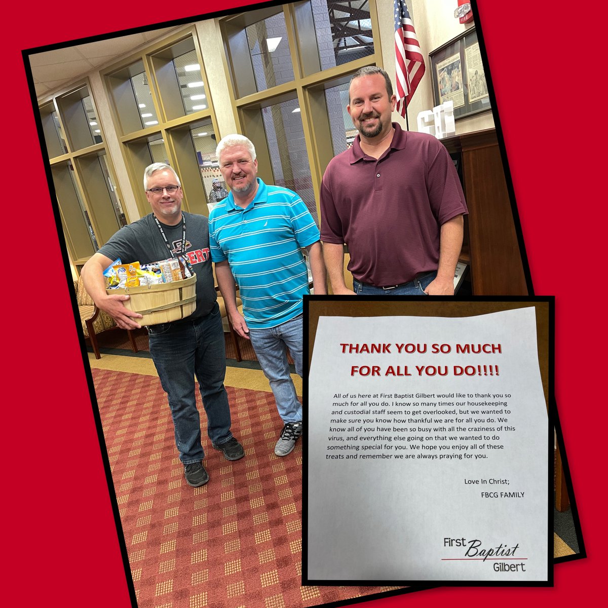 GHS_GilbertSC's tweet photo. Thank you so much to First Baptist Church - Gilbert for supporting our custodial and housekeeping staff and bringing them some yummy treats! So appreciated! #wehavethebestcommunity #alwayssupported #gilbertamerica #thankful https://t.co/mH36iAnvc3