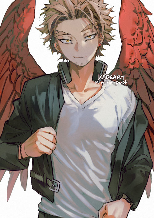 hawks (boku no hero academia) 1boy male focus blonde hair solo jacket wings earrings  illustration images