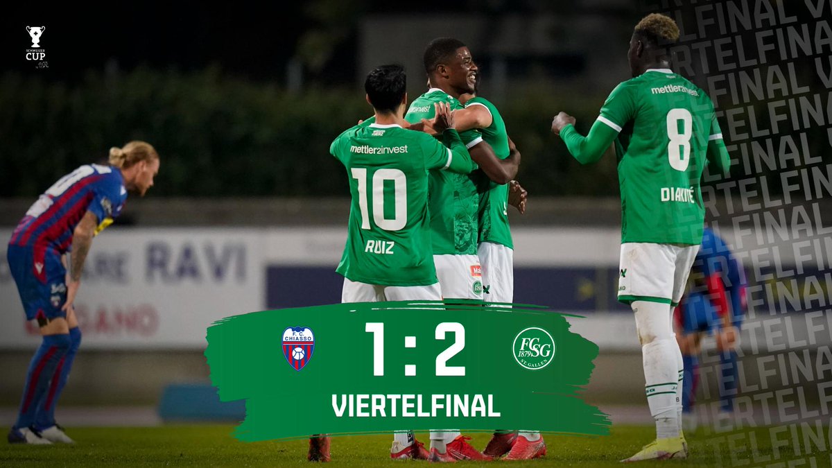 FCSG_1879's tweet photo. ⏱ Abpfiff. Nach einem intensiven Spiel inklusive Verlängerung gewinnen wir gegen den @FChiasso mit 2:1 und ziehen somit ins Viertelfinal des Schweizer Cups ein! 💪💚🤍
⚽ Duah (79')
⚽ Duah (107')

#viertelfinal #GrüewissImHerz #chifcsg #fcsg https://t.co/XWUek77fuX