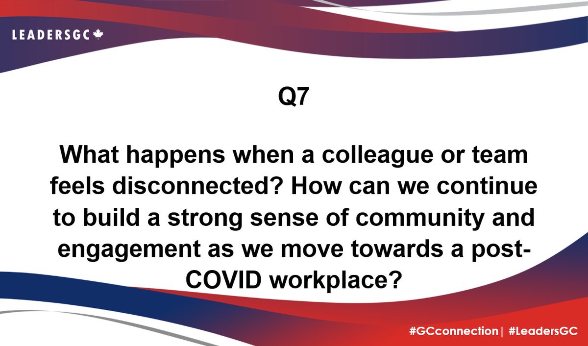 LeadersGC's tweet photo. LAST QUESTION! Time sure flies when you are chatting away! ⏲️

Q7. What happens when a colleague or team feels disconnected? How can we continue to build a strong sense of community and engagement as we move towards a post-COVID workplace? 

#LeadersGC #GCConnection https://t.co/0ixaG4vxHr