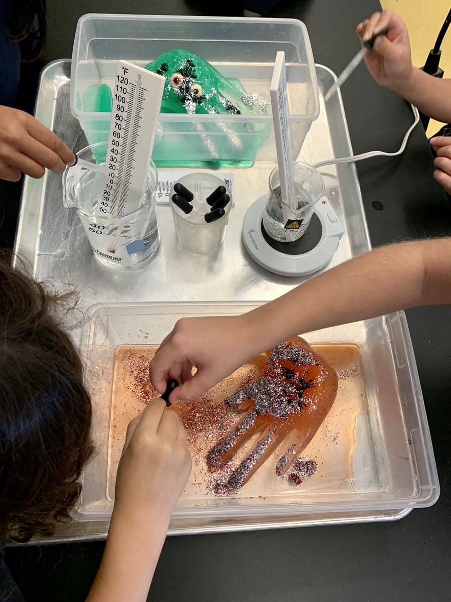 kidletscience's tweet photo. Had so much fun making a Halloween stations for exploring the properties of matter in #1stgrade #science this week. #oobleck #gloop #slime and melting icy bug hands to change the #phasesofmatter. So much fun @HillbrookSchool https://t.co/ZTMgcKBjQm