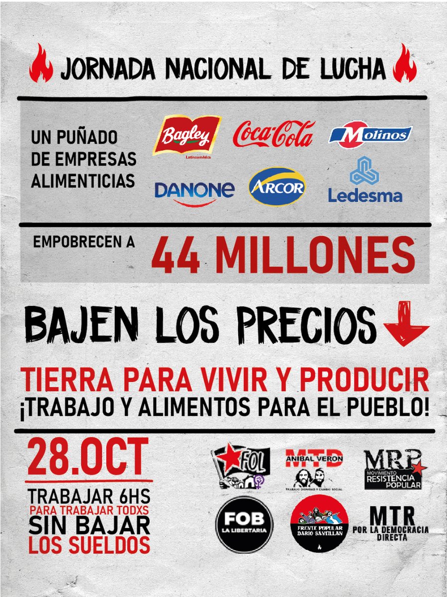 FPDS_Oficial's tweet photo. #Jueves
Nos movilizamos en todo el país frente a las grandes empresas monopólicas de alimentos.

🛑SEIS EMPRESAS MONOPÓLICAS DE ALIMENTOS EMPOBRECEN A 44 MILLONES🛑

#BajenLosPrecios
#AlimentosParaElPueblo
#TierraParaVivirYProducir
#TrabajoDigno
#NoAlFMI

https://t.co/zuAd0G72we https://t.co/XlGTwh7Otl