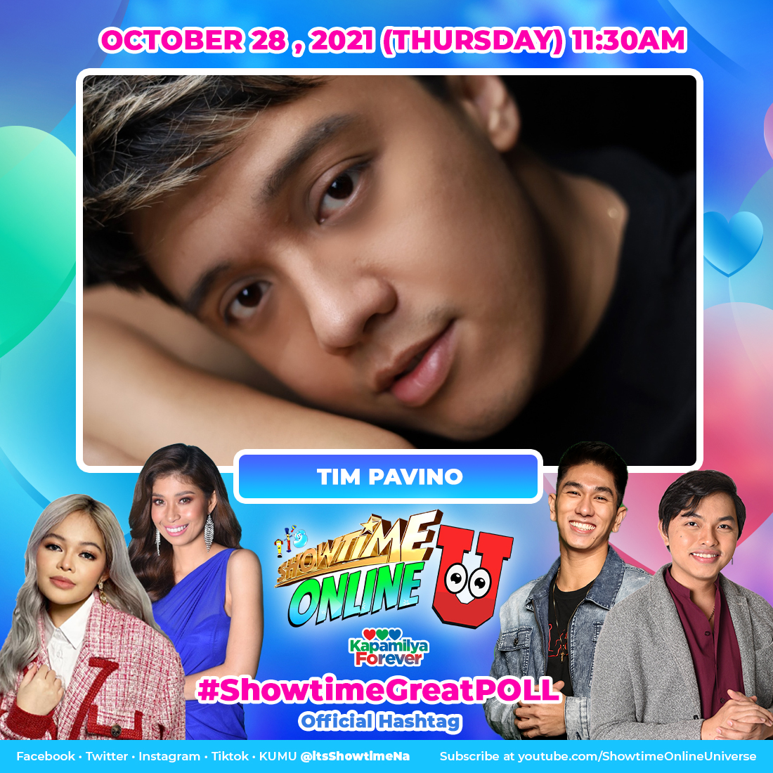 ⭐️Showtime Onliners! Abangan si Tim Pavino ngayong Thursday sa Showtime Online Ü! #ShowtimeGreatPOLL 

Subscribe na sa youtube.com/ShowtimeOnline…
Follow us on Kumu app.kumu.ph/itsShowtimeNa