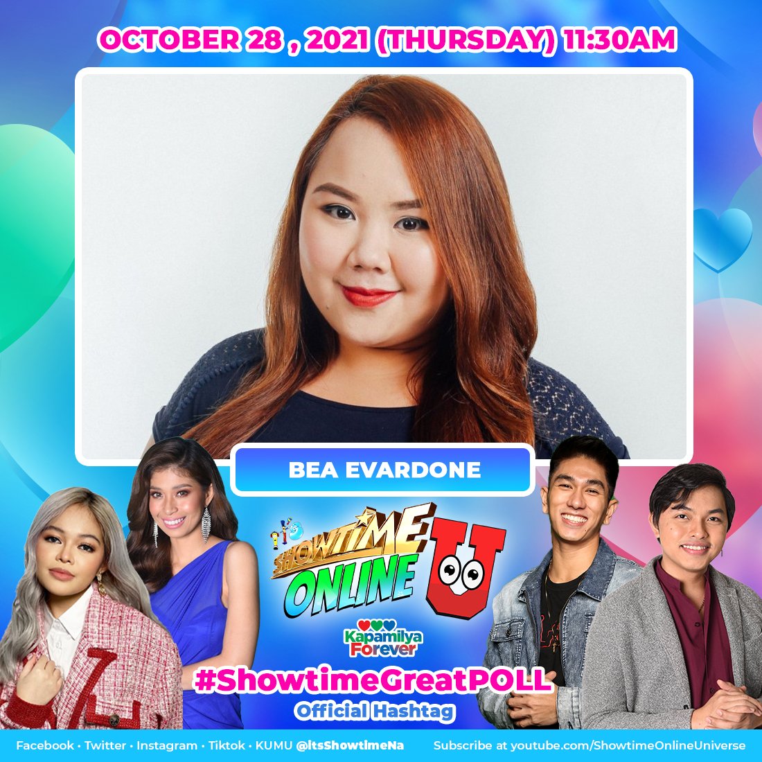 ⭐️Showtime Onliners! Abangan si Bea Evardone ngayong Thursday sa Showtime Online Ü! #ShowtimeGreatPOLL 

Subscribe na sa youtube.com/ShowtimeOnline…
Follow us on Kumu app.kumu.ph/itsShowtimeNa