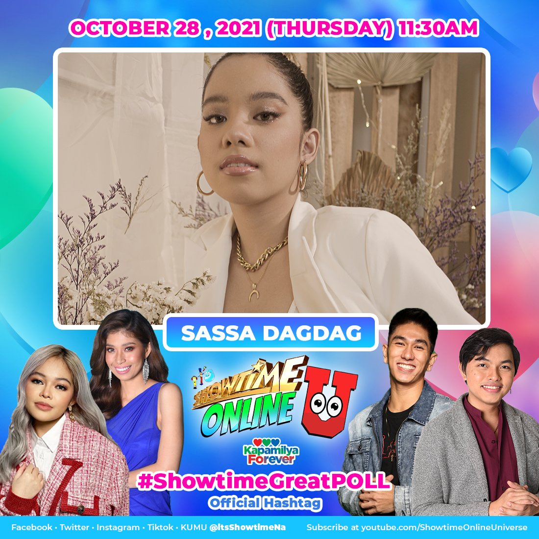 ⭐️Showtime Onliners! Abangan si Sassa Dagdag ngayong Thursday sa Showtime Online Ü! #ShowtimeGreatPOLL 

Subscribe na sa youtube.com/ShowtimeOnline…
Follow us on Kumu app.kumu.ph/itsShowtimeNa