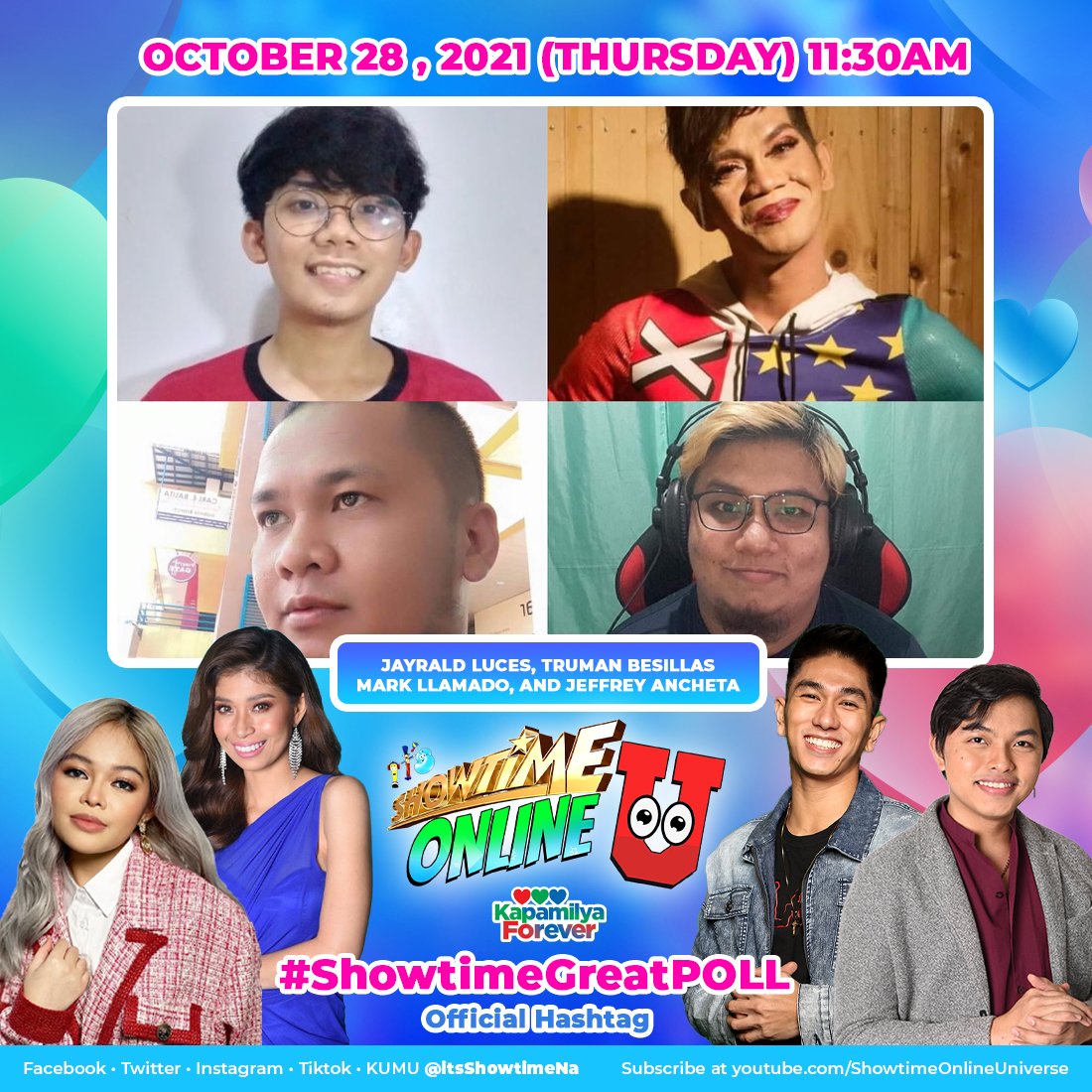 ⭐️Showtime Onliners! Abangan ang Laugh Laban finalists ngayong Thursday sa Showtime Online Ü! #ShowtimeGreatPOLL 

Subscribe na sa youtube.com/ShowtimeOnline…
Follow us on Kumu app.kumu.ph/itsShowtimeNa