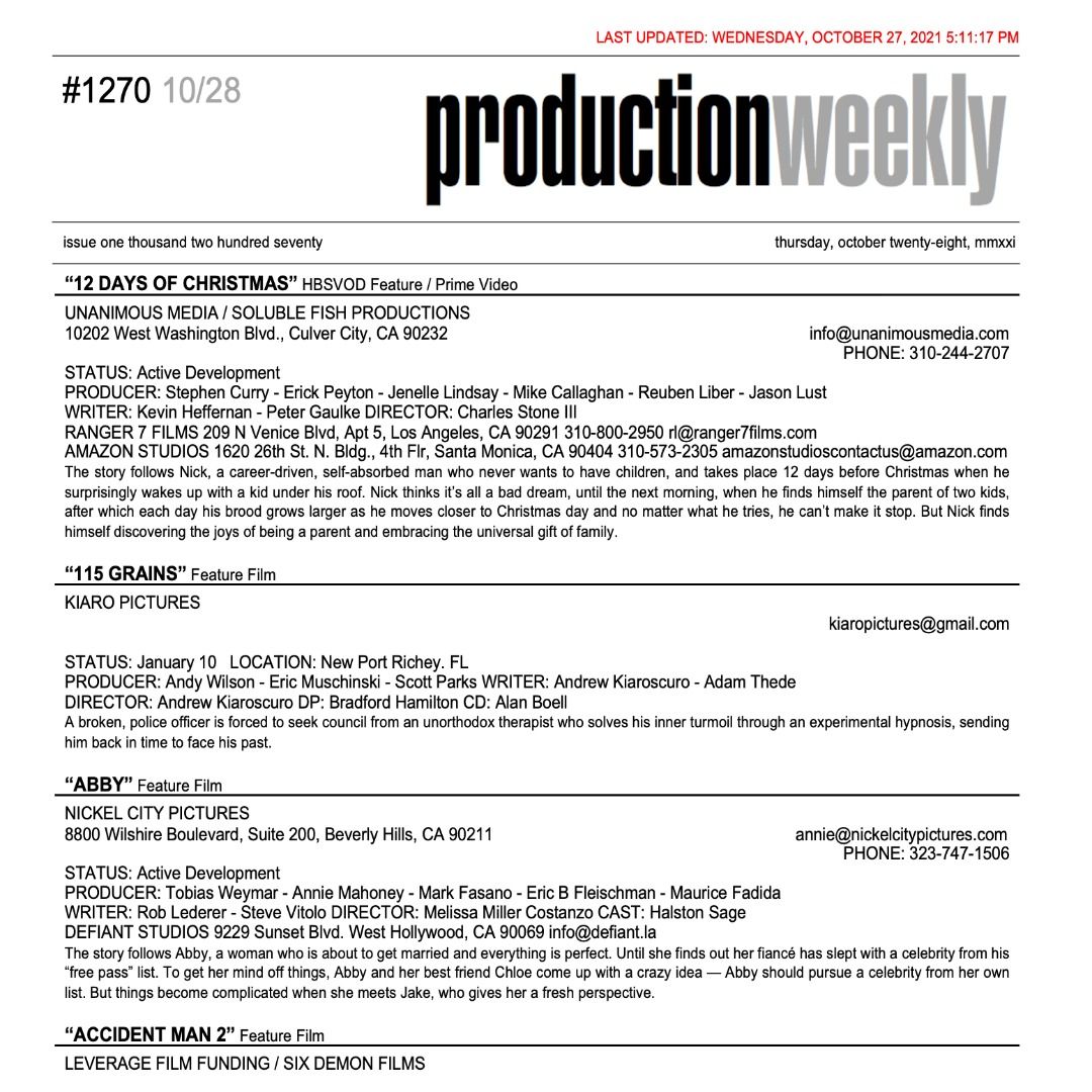 #RT <a href="/prodweek/">Production Weekly</a>: Production Weekly - Issue 1270 - Thursday, October 28, 2021 / 143 Listings - 31 Pages - Production Weekly buff.ly/3vPzJJo