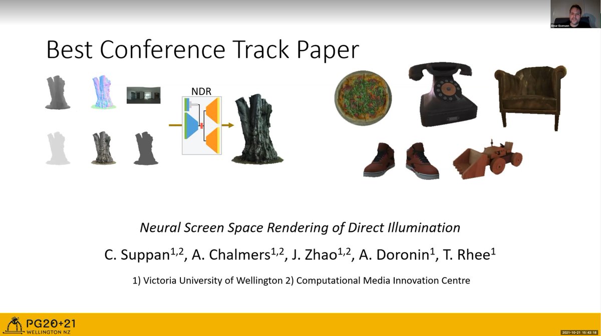 pg_20_21's tweet photo. Best Conference Track Paper:
Neural Screen Space Rendering of Direct Illumination
By Christian Suppan, Andrew Chalmers, Junhong Zhao, Alex Doronin, and Taehyun Rhee.

Best Paper Award:
Adjustable Constrained Soft-Tissue Dynamics  
By Bohan Wang, Mianlun Zheng, and Jernej Barbic. https://t.co/dFvRZrLl3b