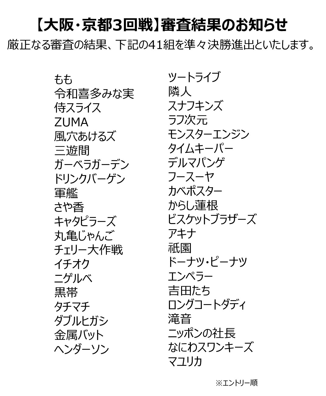 M 1グランプリ 大阪 京都3回戦 審査結果のお知らせ 厳正なる審査の結果 41組を 準々決勝進出 とします T Co M8e6ru9fgu M1 M1グランプリ T Co Erqdc06mbn Twitter