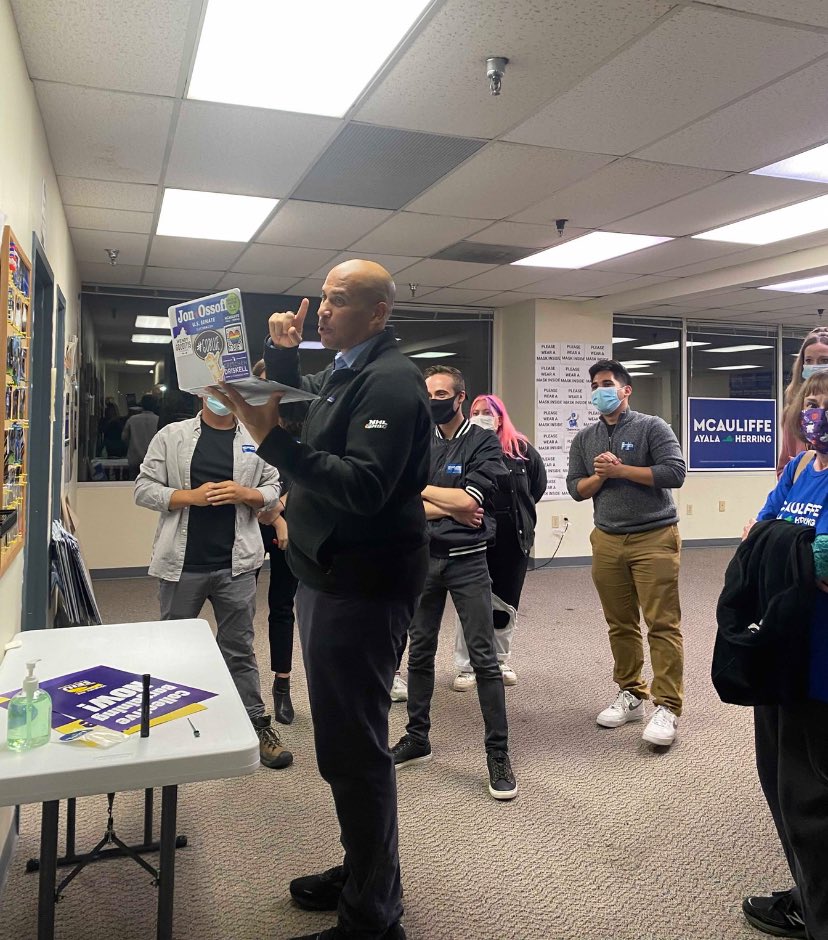 TerryMcAuliffe's tweet photo. Big thanks to @CoryBooker for coming out to VA tonight. Here he is jumping on a call with our statewide organizers after a great event tonight. All hands on deck to keep VA blue! 💪 https://t.co/X1Wv8VhC0k