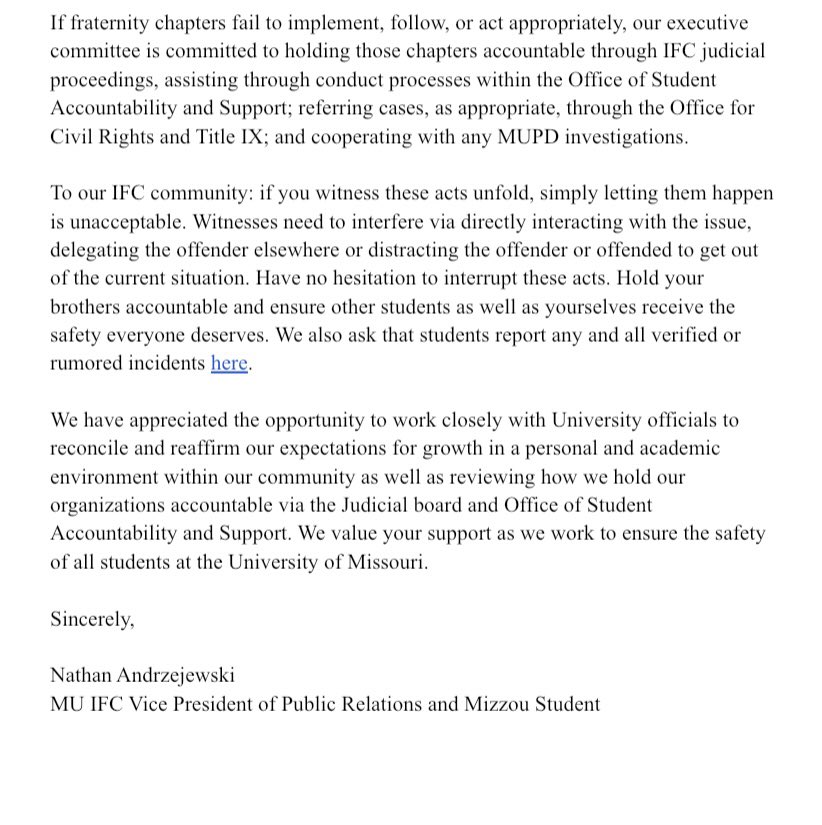 In cooperation with the University of Missouri Division of Student Affairs, IFC has reaffirmed the events of last week and the months prior. IFC values the safety of every student at MU. You can view the full statement as well as the hyperlink shown via the link in our bio.