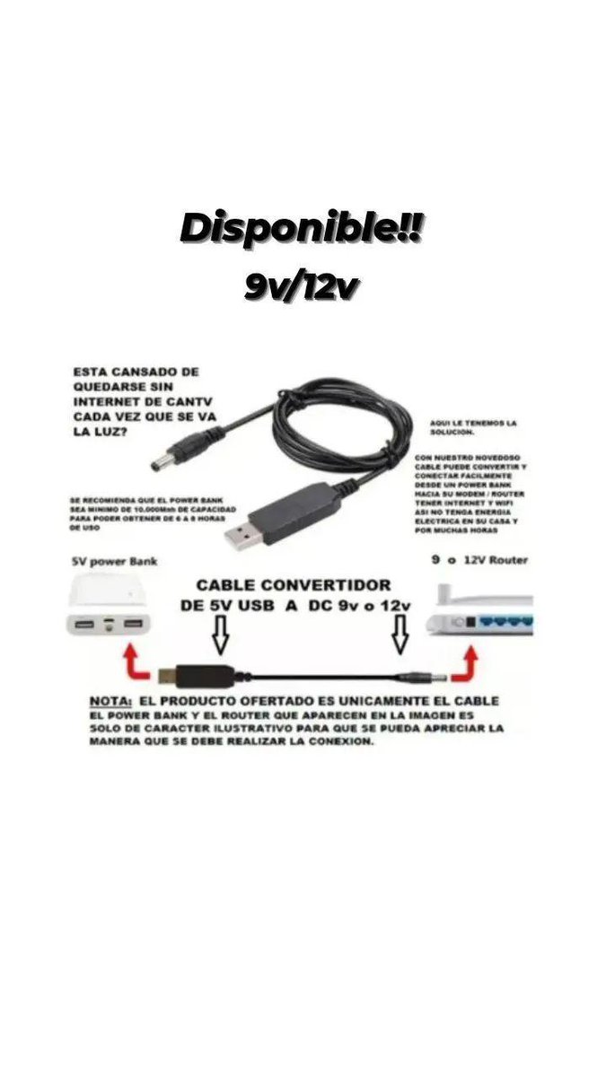 NorgTweets's tweet photo. ¡Mantente conectado a internet con cable usb 9v/12v! 🤳📶
Con este cable podrás tener internet cantv sin luz💡, solo debes conectarlo a tu módem-router o módem y router por separado con una power bank y mantendrá encendido tu WiFi📶
#sinluz #cantv #modemrouter #tachiranoticias https://t.co/agqg7r4sXB