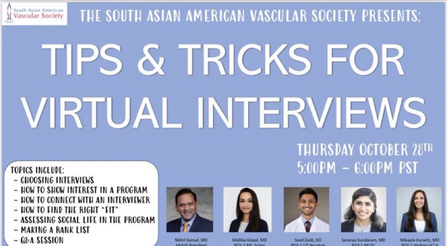 SAAVS (@saavs13) on Twitter photo ONE MORE DAY!!! Please join us tomorrow at 5pm PST for a wonderful session about tips and tricks for virtual interviews! ucla.zoom.us/j/98147034204 <a href="/FutureVascSurgn/">FutureVascSurgeons</a> <a href="/neelgalt/">Neelima Katragunta</a> <a href="/AnahitaDua/">Anahita Dua MD MS MBA FACS</a> <a href="/NavyashGupta/">NavYash Gupta, MD, RPVI, FACS</a> <a href="/Dr_NikhilKansal/">Nikhil Kansal</a> ONE MORE DAY!!! Please join us tomorrow at 5pm PST for a wonderful session about tips and tricks for virtual interviews! ucla.zoom.us/j/98147034204 <a href="/FutureVascSurgn/">FutureVascSurgeons</a> <a href="/neelgalt/">Neelima Katragunta</a> <a href="/AnahitaDua/">Anahita Dua MD MS MBA FACS</a> <a href="/NavyashGupta/">NavYash Gupta, MD, RPVI, FACS</a> <a href="/Dr_NikhilKansal/">Nikhil Kansal</a>