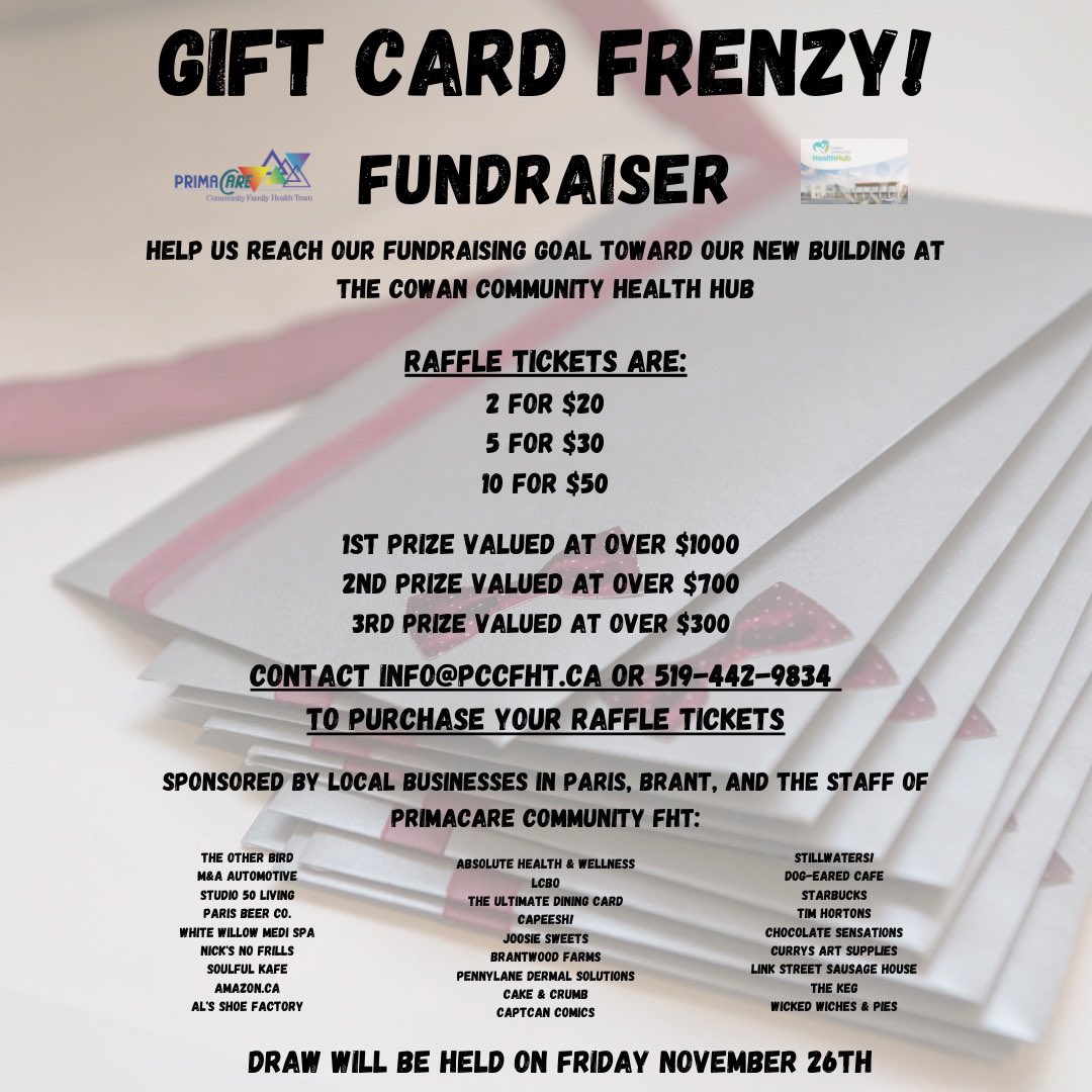 Jenpen013's tweet photo. Attention Paris/Brant residents! Support your local fundraiser for the new Cowan Community Health Hub and purchase your ballot for our Gift Card Frenzy Fundraiser! There’s still time to purchase your ballots!! https://t.co/1wZ2n1y0EB