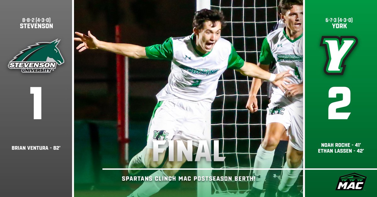 <a href="/YCPMSoccer/">YCPMSoccer</a> secures a MAC Commonwealth postseason berth with a victory over Stevenson! #LetsGoYork #MACsoc
Boxscore - ycpspartans.com/sports/mens-so…